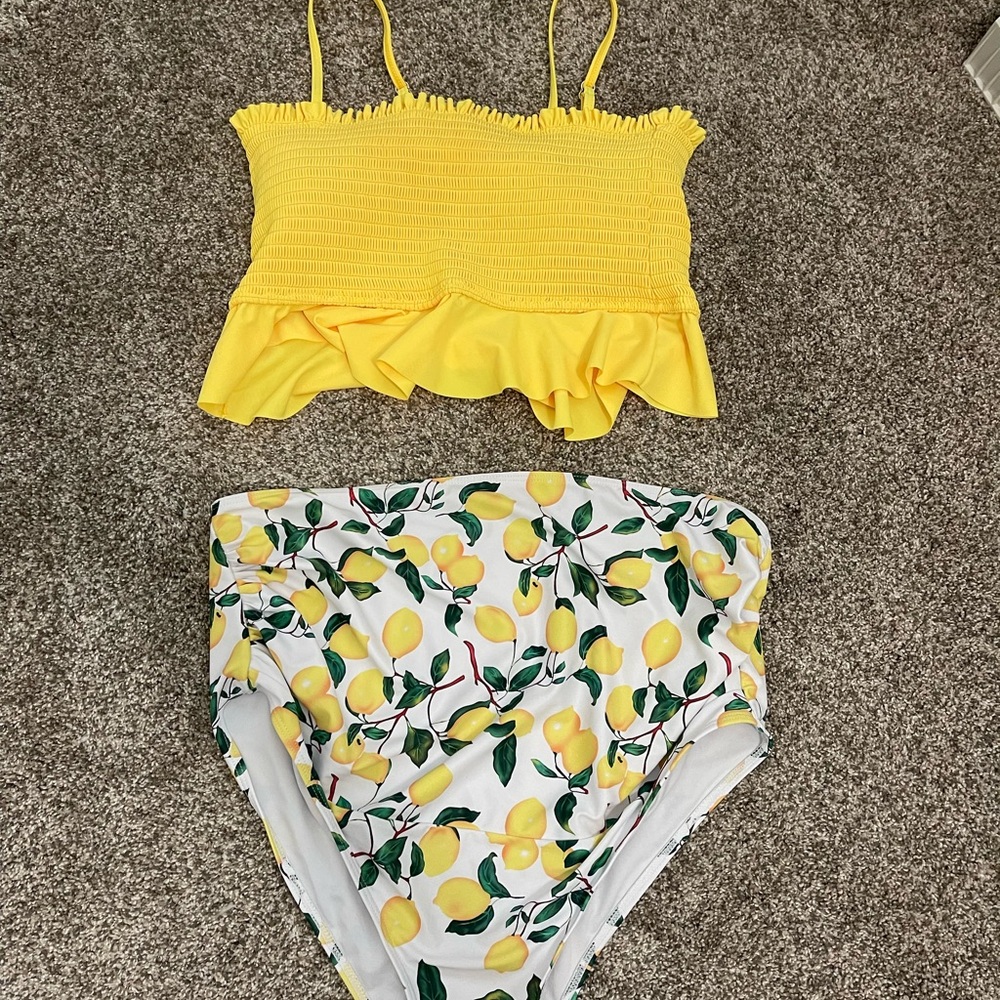 Maternity Yellow Ruffle Bikini Top and Lemon Print Bottoms